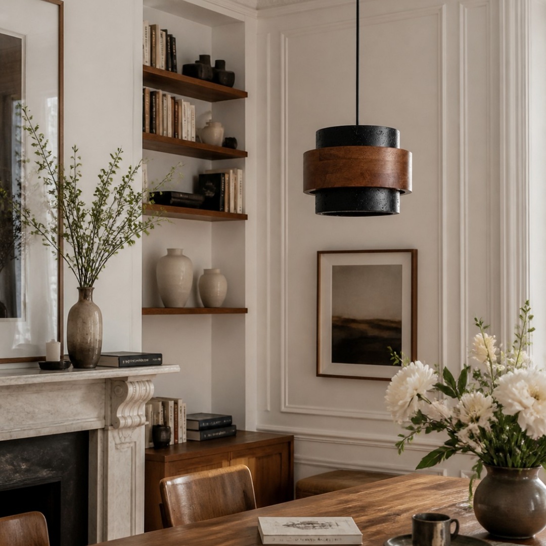 Black and walnut travertine pendant installed above a dining table